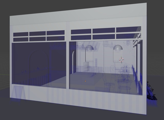 Blue ghost blockout: storefront guide visible while remodeling clean architecture