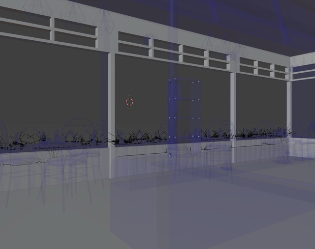 Blue ghost blockout: interior window bays used as a modeling guide