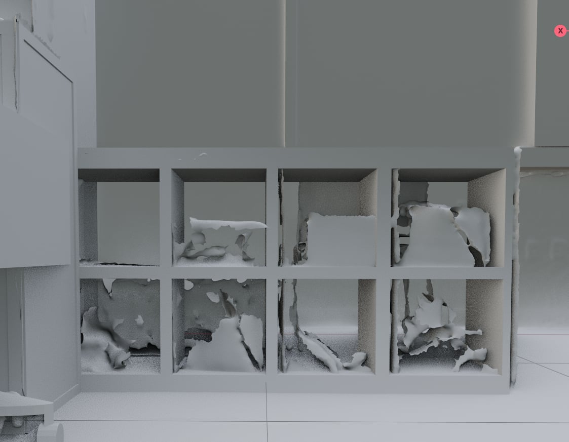 Cubbies and shelving details under the cabinet.