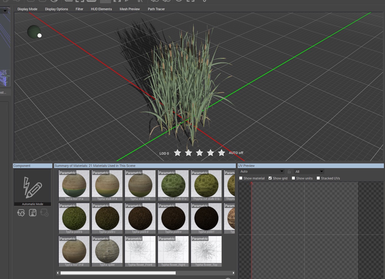 Overview of the workspace with materials palette, UV preview, and viewport