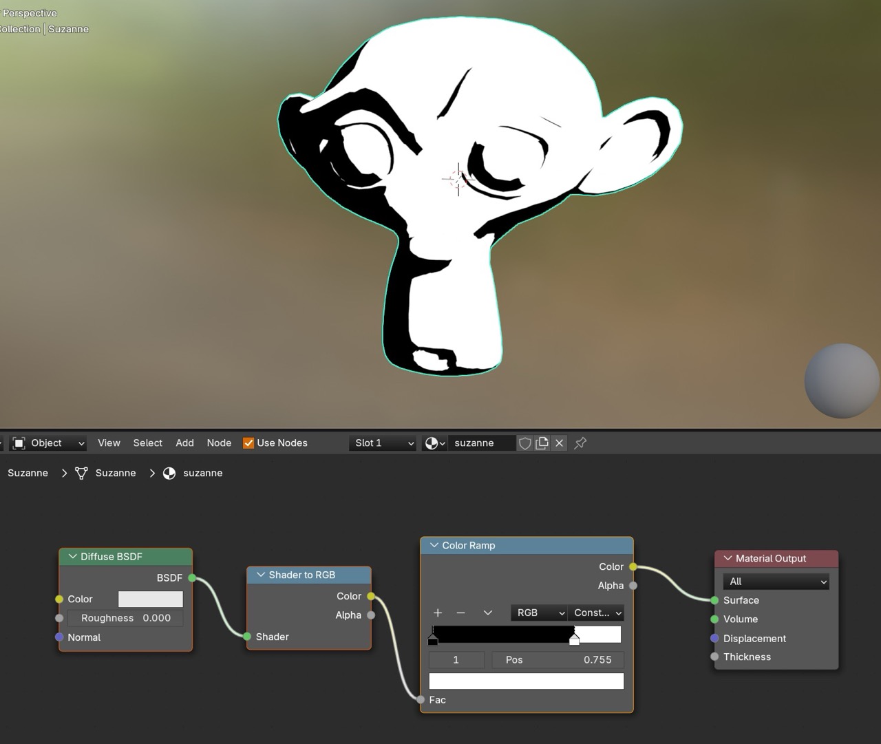 Toon shader node setup on Suzanne