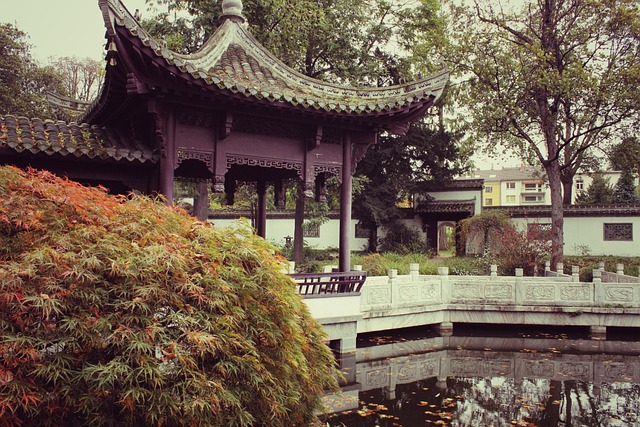 Maple-framed pavilion beside water