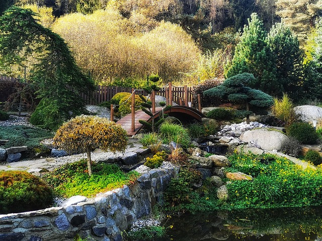 Rock garden with wooden footbridge