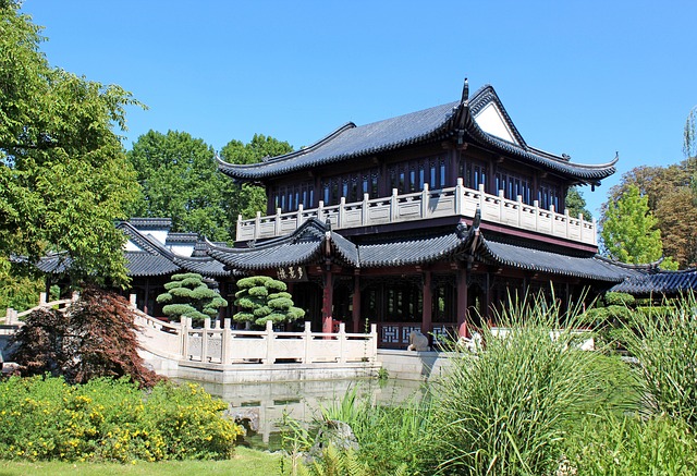 Two-story pavilion in garden