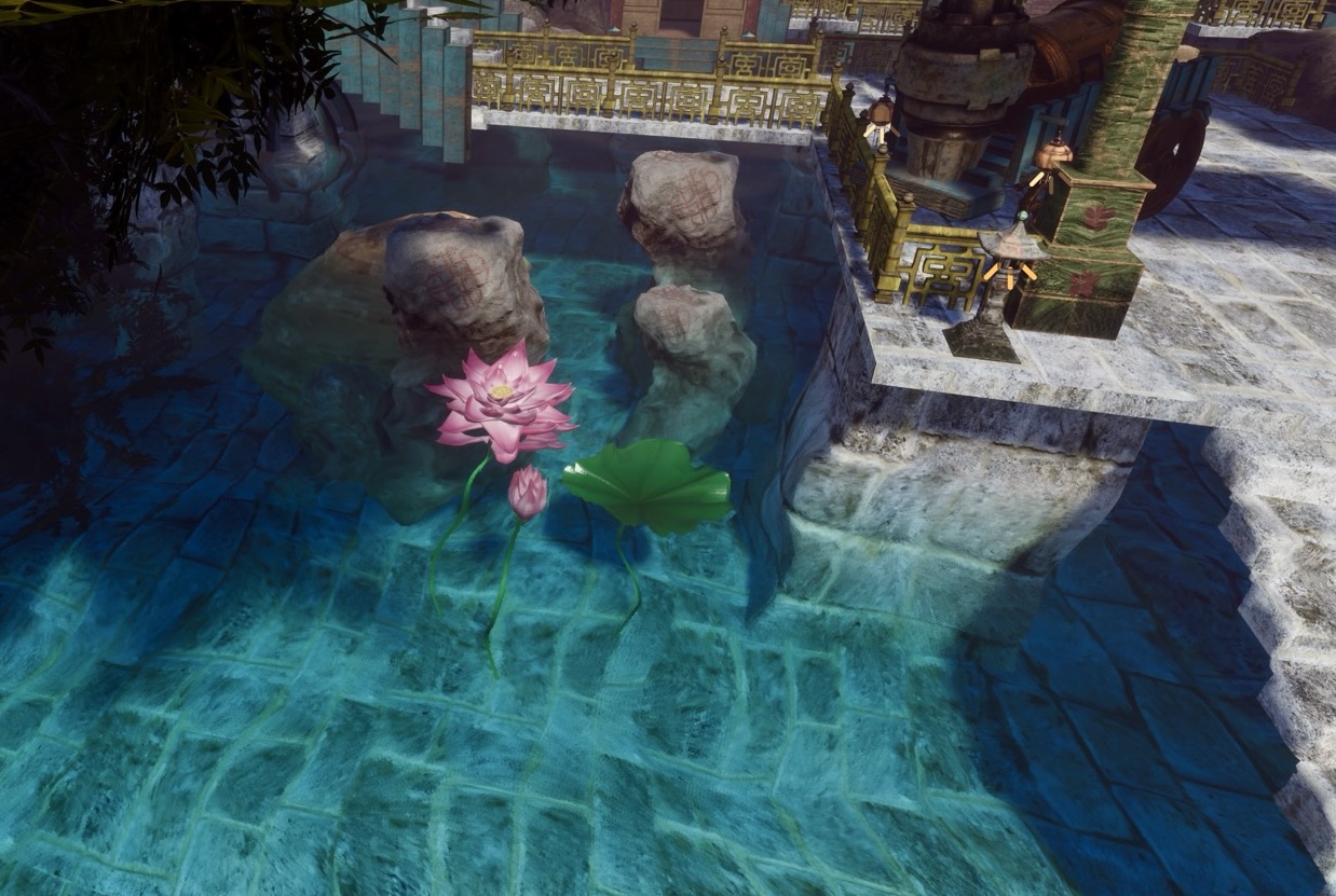 Populating the garden with custom lotus and lily pad assets.