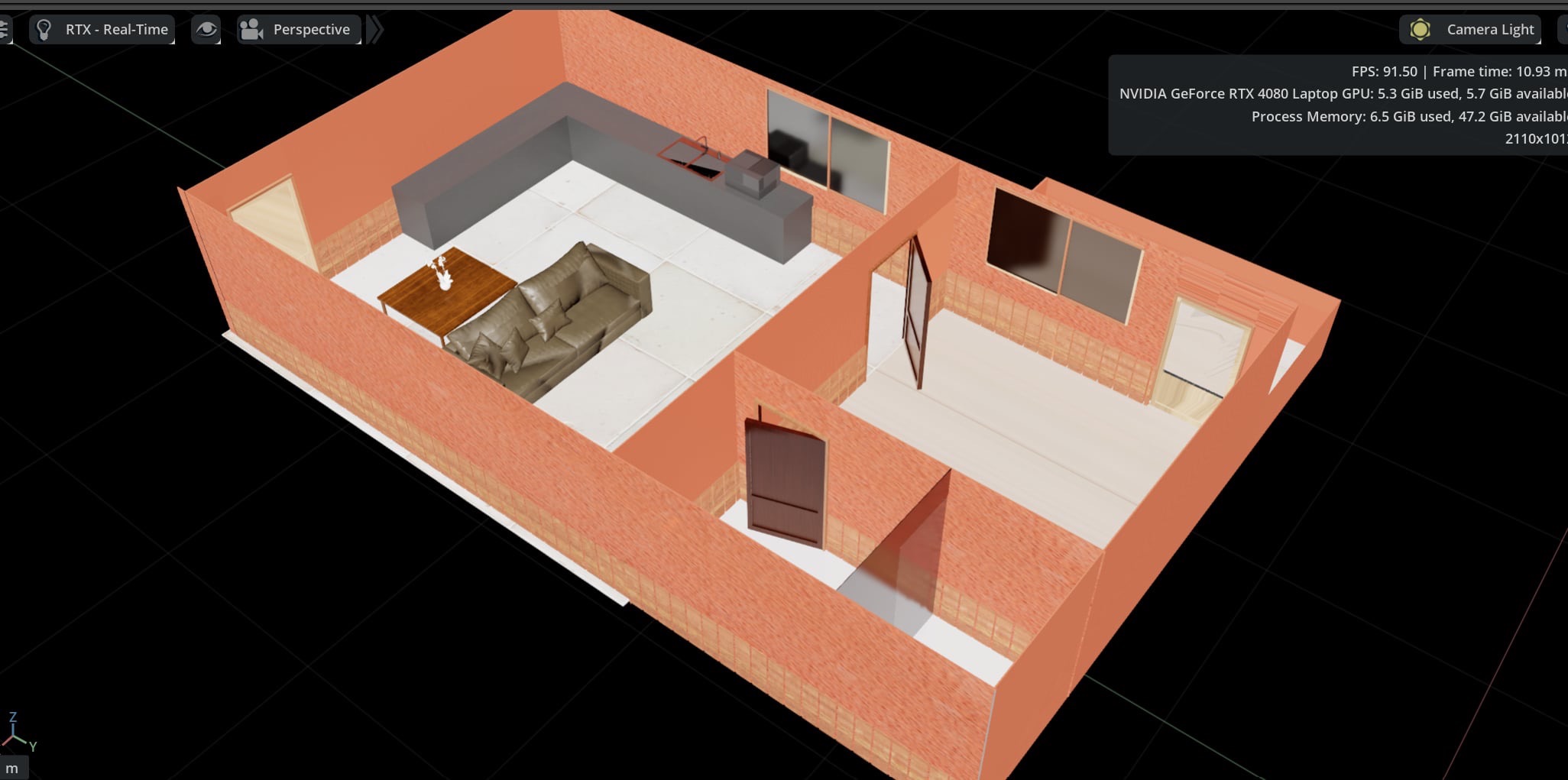 Aerial view of the room layout, highlighting the placement of furniture and key design features
