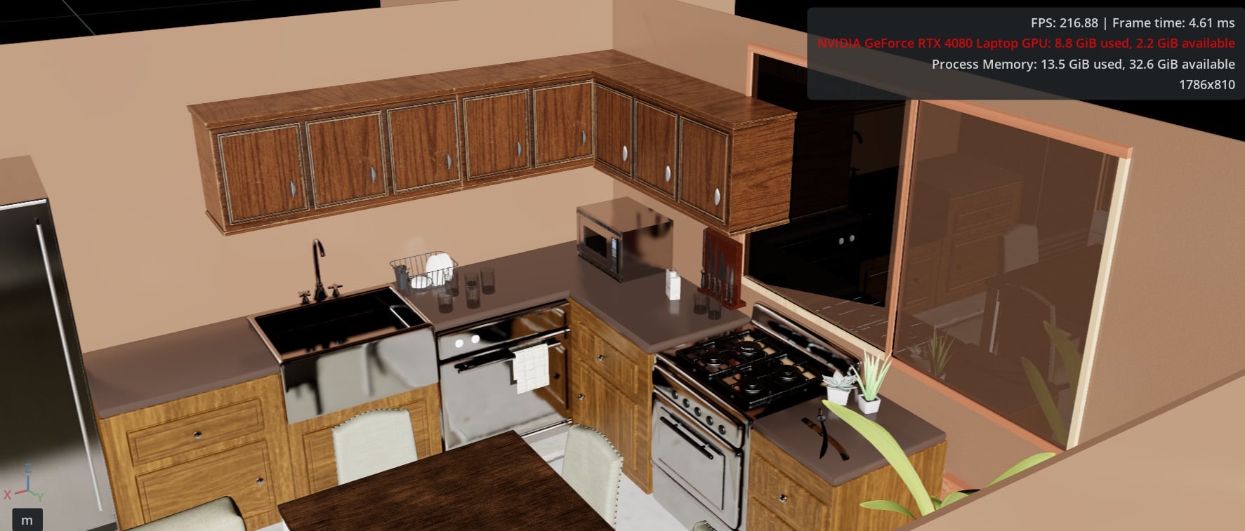 Kitchen and living room: dining table, chairs, and kitchen counter.