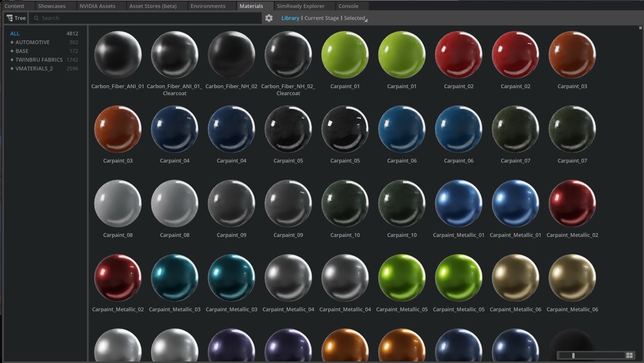 Browsing NVIDIA's material library in USD Composer.