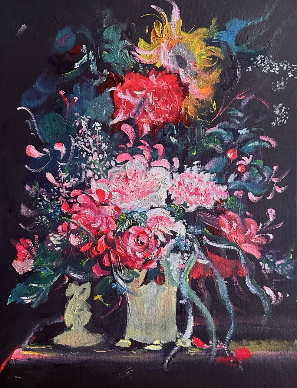 Final painting of the flower vase with statuette.