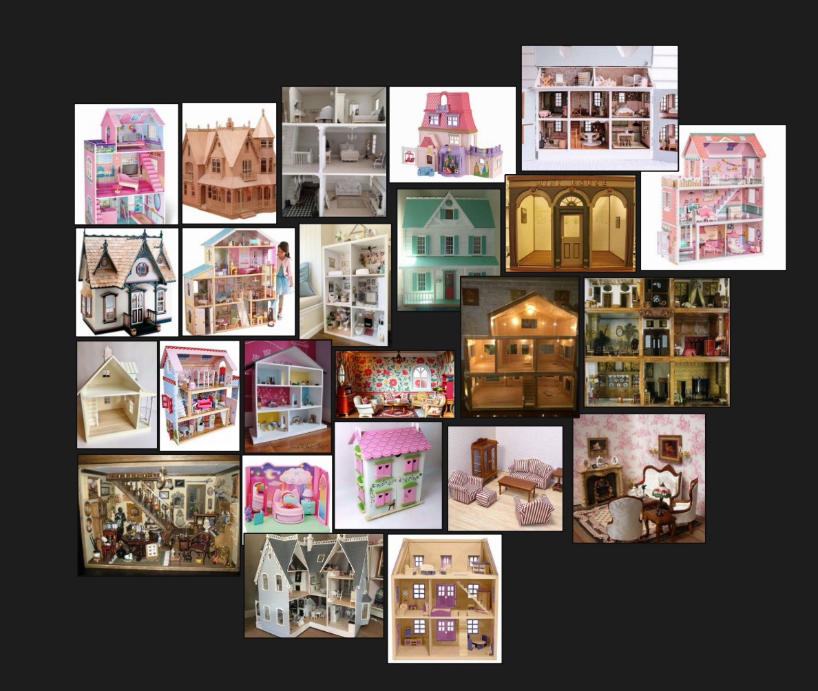 Reference board. Shifted from a burnt, nostalgic read to an infinitely nested dollhouse motif. Notes on lighting, layout, and furniture style guided later choices.