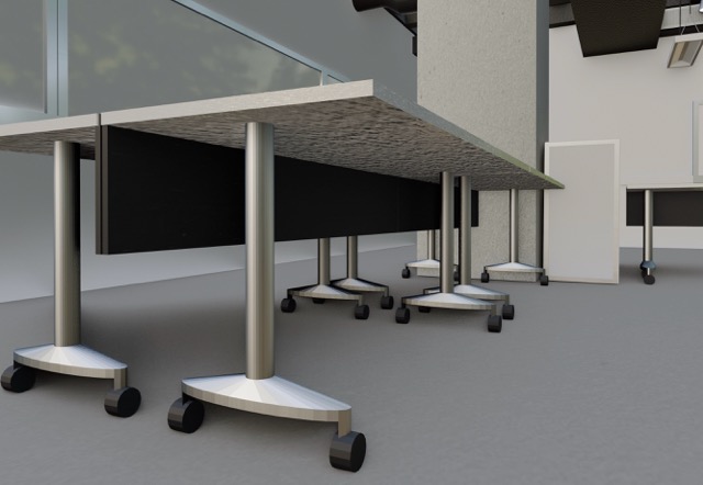 Close-up of the rolling desk legs and casters