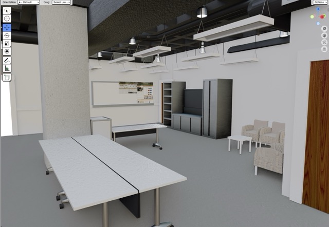 Phase 1 lab model with desks, cabinets, and ceiling fixtures
