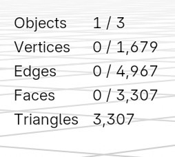 Blender statistics showing the mesh details after refinement. The model consists of 3,307 triangles in its detailed version, which was later optimized for real-time rendering.