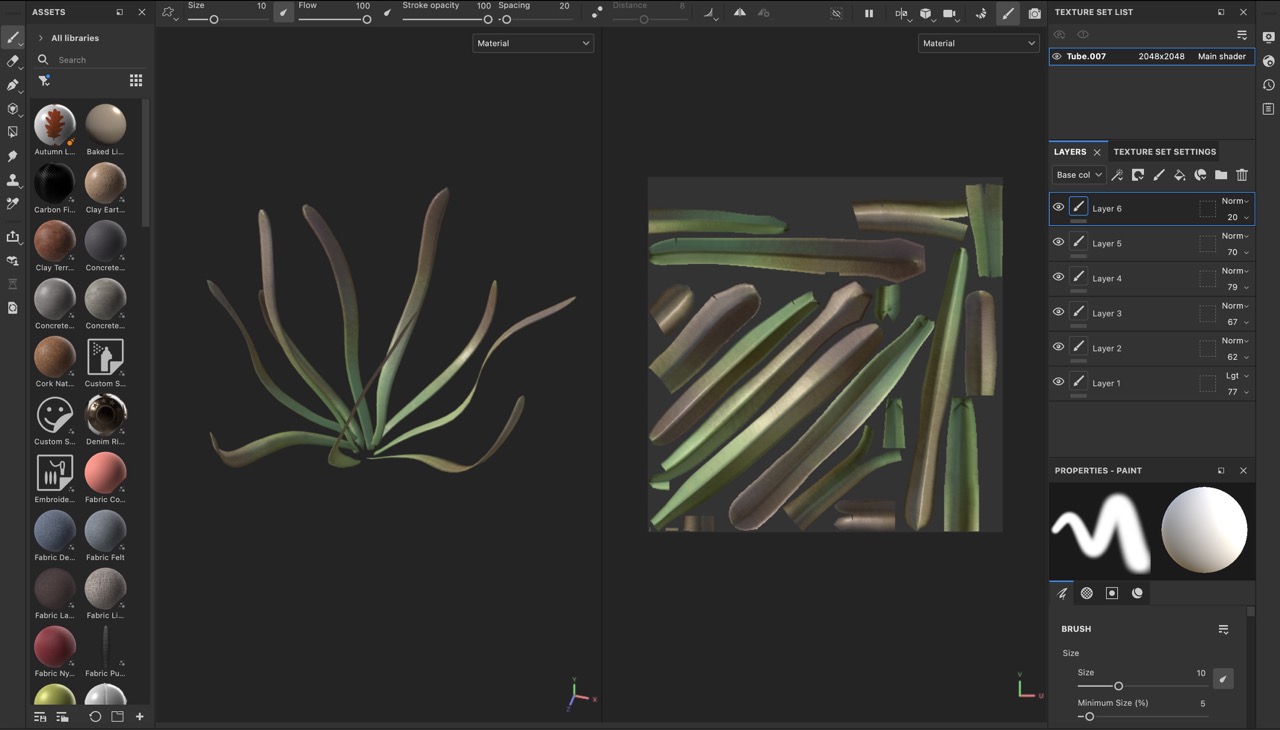 Texturing the turtlegrass model in Substance 3D Painter. This stage involved painting the diffuse, normal, roughness, and displacement maps to achieve a photorealistic appearance.