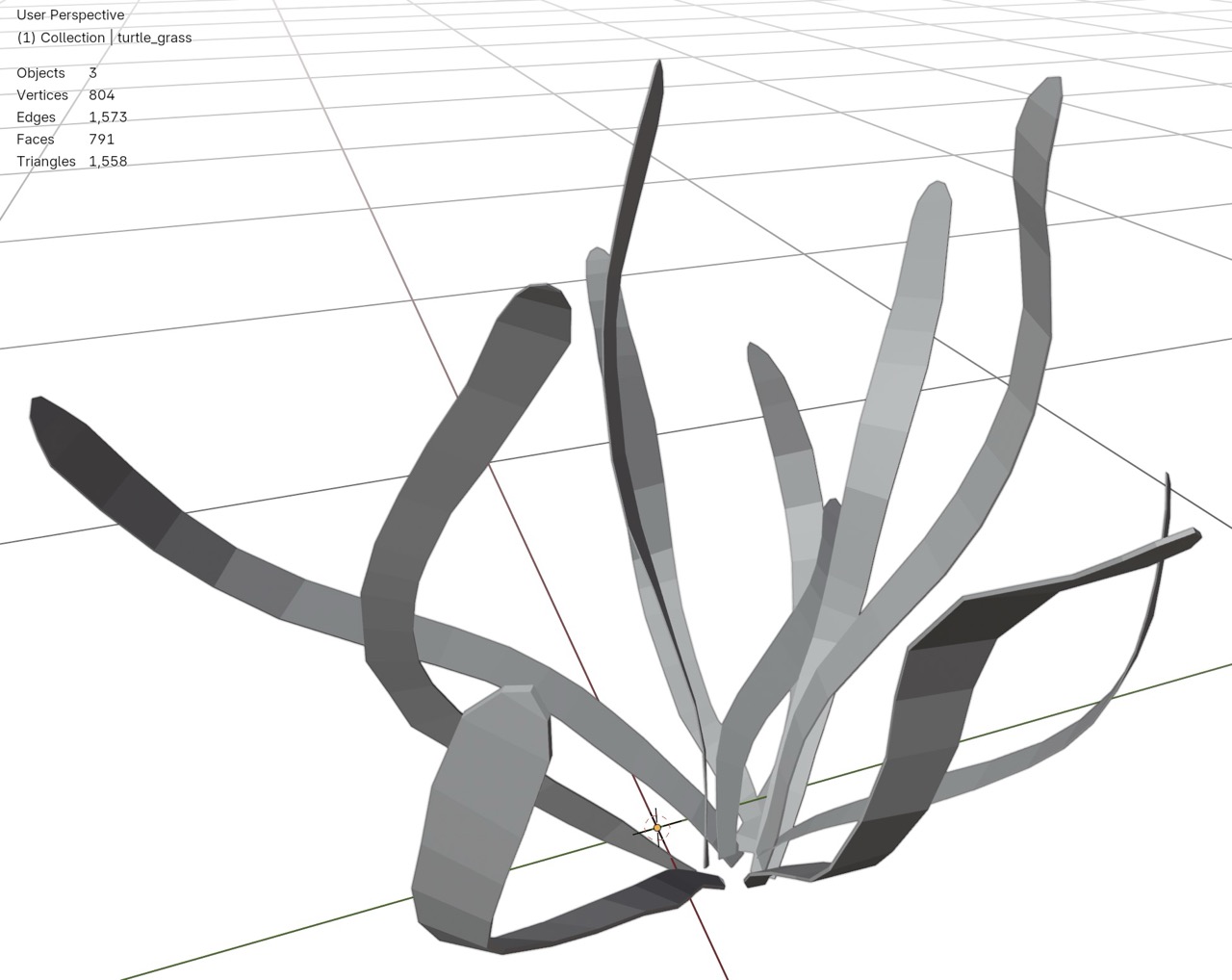 Blender statistics showing the optimized mesh details, consisting of 804 vertices and 1,558 triangles instead.