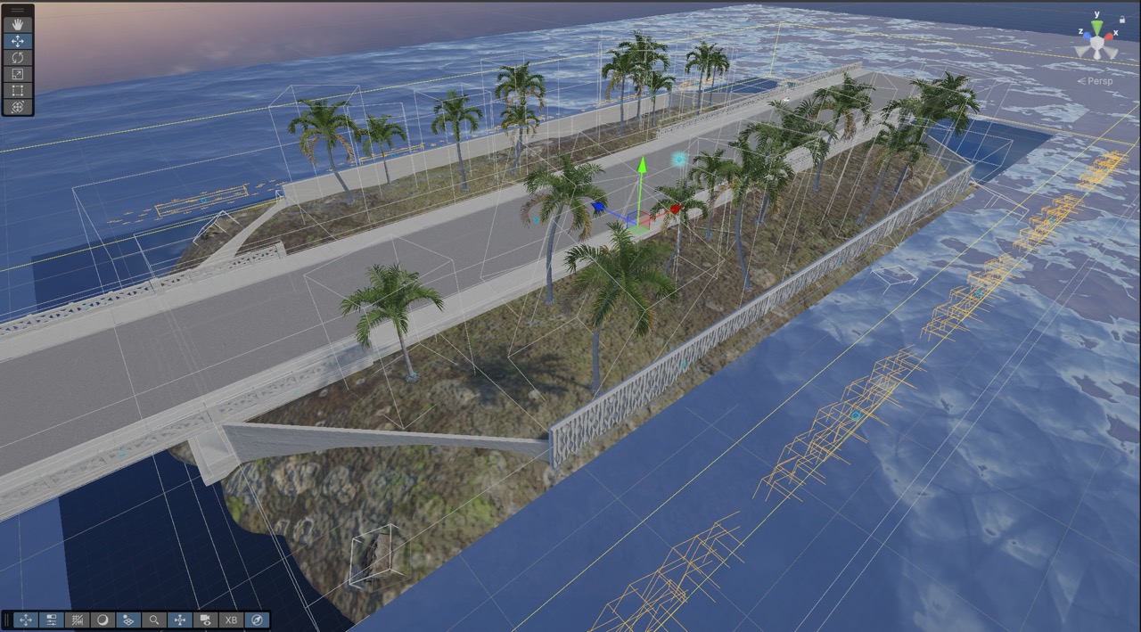 The full island with seawalls and water simulation.