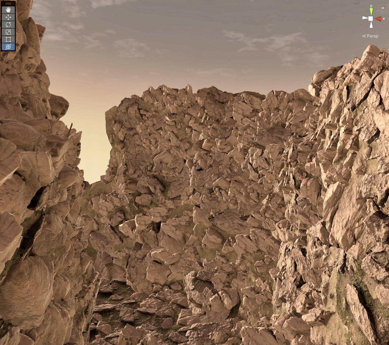 The rocky canyon environment in the VR Stress Tester. This image showcases the initial canyon setup in its development phase, before the integration of the rickety wooden bridge.